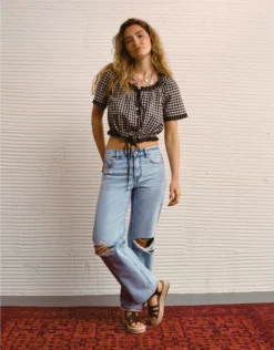 AE Short-Sleeve Gingham Button-Up Blouse Multi