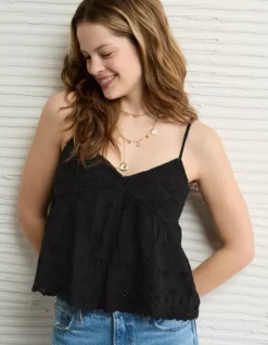 AE Crochet Eyelet Cami Black -American Eagle Fashion 0358 6281 001 os
