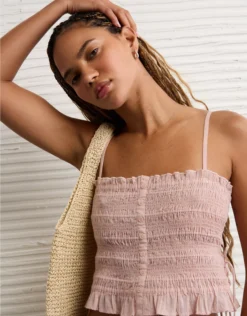 AE Smocked Tie Side Button-Up Tank Top Light Pink