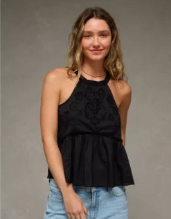 AE Embroidered Halter Tank Top Black