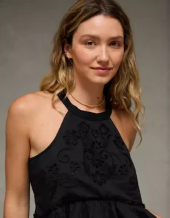 AE Embroidered Halter Tank Top Black -American Eagle Fashion 0358 6293 001 os