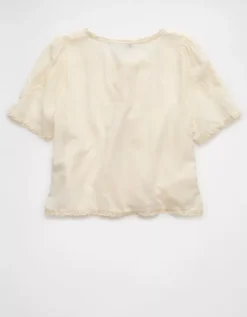 AE Short-Sleeve High Neck Tie Front Shirt Cream -American Eagle Fashion 0358 6311 106 b