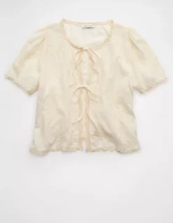 AE Short-Sleeve High Neck Tie Front Shirt Cream -American Eagle Fashion 0358 6311 106 f