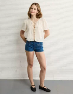 AE Short-Sleeve High Neck Tie Front Shirt Cream