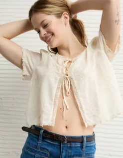 AE Short-Sleeve High Neck Tie Front Shirt Cream -American Eagle Fashion 0358 6311 106 os