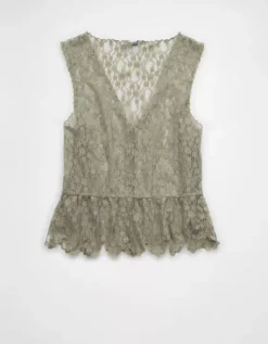 AE Lace Button-Up Vest Olive -American Eagle Fashion 0358 6338 309 b