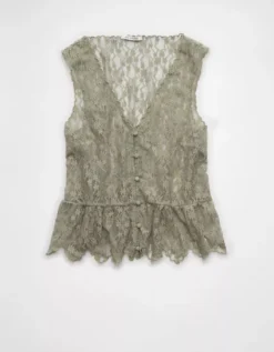 AE Lace Button-Up Vest Olive -American Eagle Fashion 0358 6338 309 f