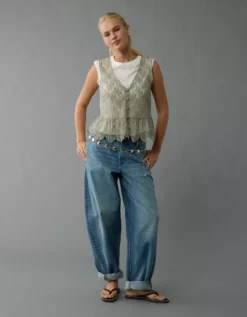 AE Lace Button-Up Vest Olive -American Eagle Fashion 0358 6338 309 os