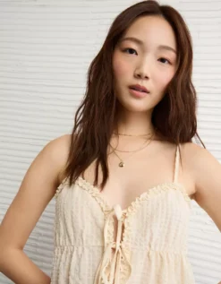 AE Tie Front Ruffle Trim Tank Top Cream -American Eagle Fashion 0358 6343 106 os