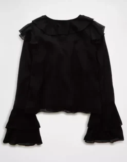 AE Long-Sleeve Chiffon Ruffle Blouse Black -American Eagle Fashion 0358 6390 001 b