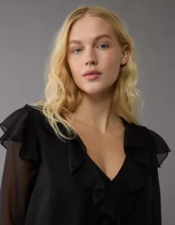 AE Long-Sleeve Chiffon Ruffle Blouse Black -American Eagle Fashion 0358 6390 001 d2
