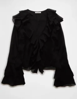 AE Long-Sleeve Chiffon Ruffle Blouse Black -American Eagle Fashion 0358 6390 001 f