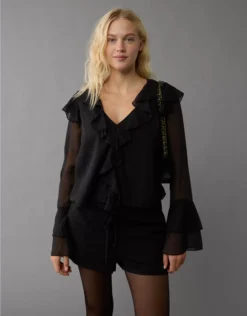 AE Long-Sleeve Chiffon Ruffle Blouse Black