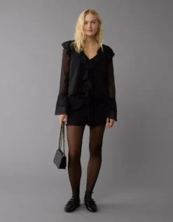 AE Long-Sleeve Chiffon Ruffle Blouse Black -American Eagle Fashion 0358 6390 001 os