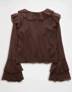 AE Long-Sleeve Chiffon Ruffle Blouse Brown -American Eagle Fashion 0358 6390 200 b