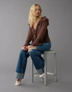 AE Long-Sleeve Chiffon Ruffle Blouse Brown -American Eagle Fashion 0358 6390 200 d2