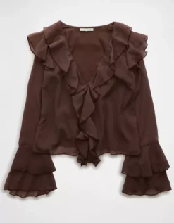 AE Long-Sleeve Chiffon Ruffle Blouse Brown -American Eagle Fashion 0358 6390 200 f