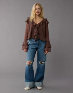 AE Long-Sleeve Chiffon Ruffle Blouse Brown