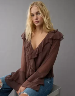 AE Long-Sleeve Chiffon Ruffle Blouse Brown -American Eagle Fashion 0358 6390 200 os