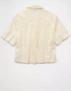 AE Short-Sleeve Embroidered Button-Up Shirt Cream -American Eagle Fashion 0358 6406 106 b