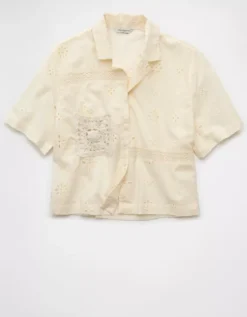 AE Short-Sleeve Embroidered Button-Up Shirt Cream -American Eagle Fashion 0358 6406 106 f