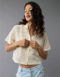 AE Short-Sleeve Embroidered Button-Up Shirt Cream