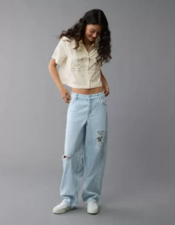 AE Short-Sleeve Embroidered Button-Up Shirt Cream -American Eagle Fashion 0358 6406 106 os