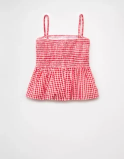 AE Smocked Gingham Babydoll Cami Red -American Eagle Fashion 0358 6428 600 b