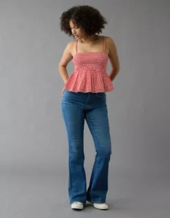 AE Smocked Gingham Babydoll Cami Red -American Eagle Fashion 0358 6428 600 os