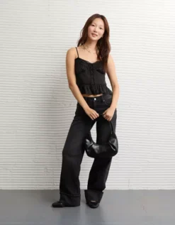 AE Satin Peplum Tank Top Black -American Eagle Fashion 0358 6439 001 os