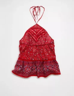 AE Y-Neck Lacy Halter Top Red -American Eagle Fashion 0358 6452 600 b