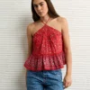 AE Y-Neck Lacy Halter Top Red