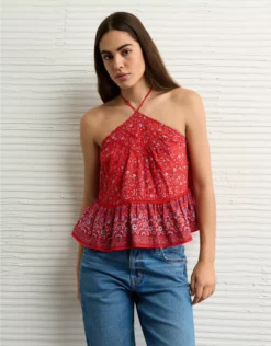 AE Y-Neck Lacy Halter Top Red