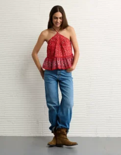 AE Y-Neck Lacy Halter Top Red -American Eagle Fashion 0358 6452 600 os