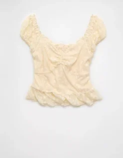 AE Short Sleeve Lace Blouse Cream -American Eagle Fashion 0358 6477 106 f