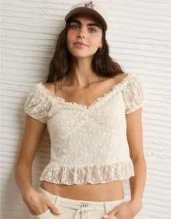 AE Short Sleeve Lace Blouse Cream