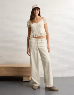 AE Short Sleeve Lace Blouse Cream -American Eagle Fashion 0358 6477 106 os