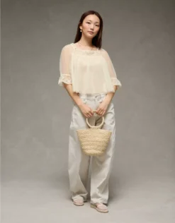 AE Square Neck Mesh Blouse Cream
