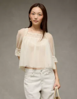 AE Square Neck Mesh Blouse Cream -American Eagle Fashion 0358 6541 106 os