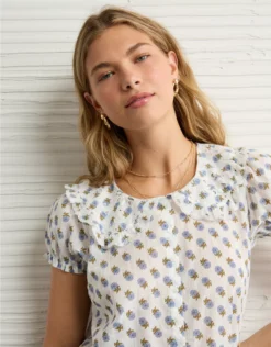 AE X The Summer I Turned Pretty Collared Puff Sleeve Blouse Multi