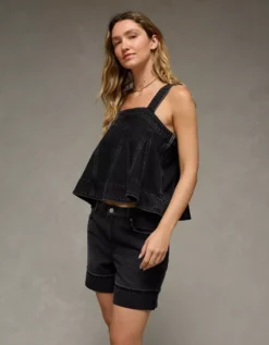 AE Square Neck Pieced Denim Tank Top Black -American Eagle Fashion 0358 6547 001 os