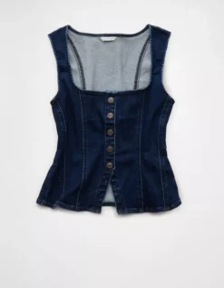AE Square Neck Button-Up Denim Vest Dark Wash -American Eagle Fashion 0358 6548 896 f