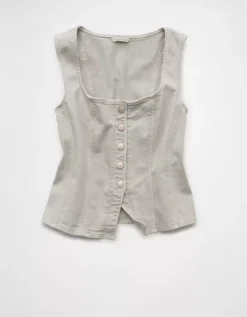 AE Square Neck Button-Up Denim Vest Light Gray -American Eagle Fashion 0358 6701 951 f