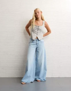 AE Square Neck Button-Up Denim Vest Light Gray -American Eagle Fashion 0358 6701 951 os