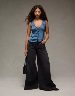 AE Lace Button-Front Tank Top Navy