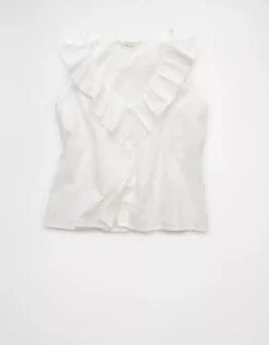 AE V-Neck Ruffle Button-Up Blouse White -American Eagle Fashion 0358 6729 100 f