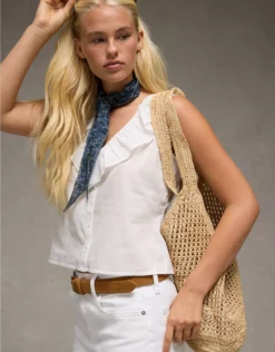 AE V-Neck Ruffle Button-Up Blouse White