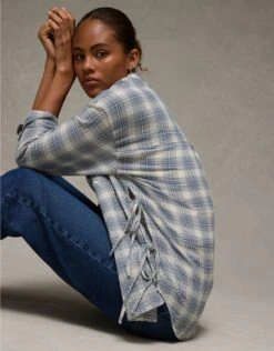 AE Side-Tie Button-Up Shirt Blue