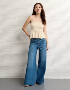 AE Sunchaser Knit Ruffle Smocked Tube Top Cream