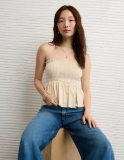 AE Sunchaser Knit Ruffle Smocked Tube Top Cream -American Eagle Fashion 0366 6193 106 os